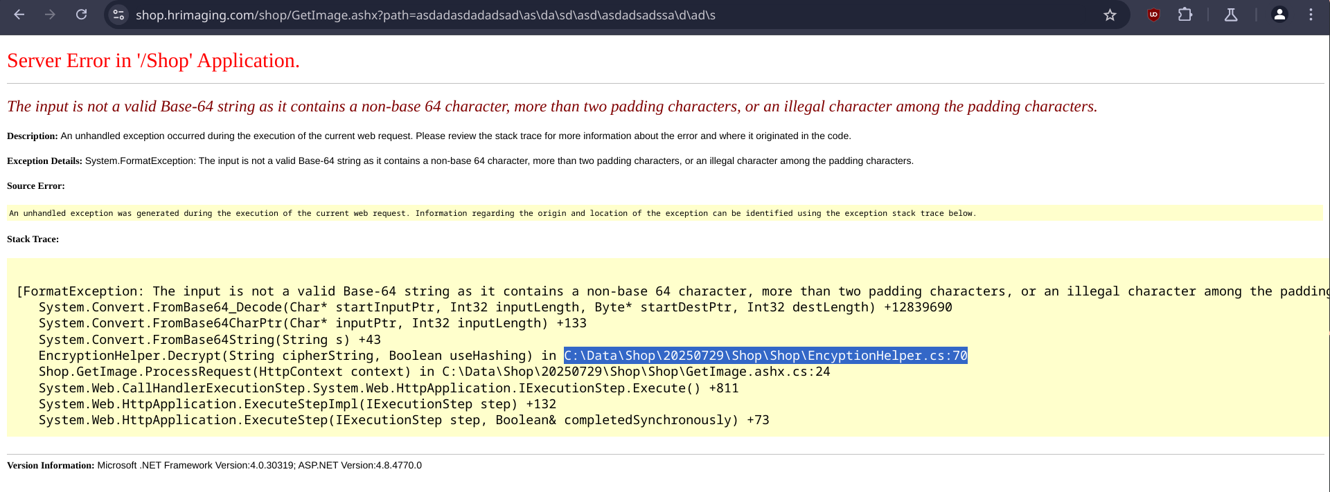 error page leaking encryption helper for file paths